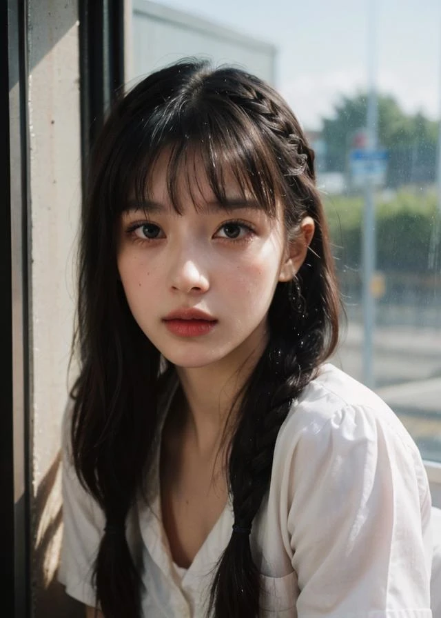 (Polaroid photos, photos that look like they were taken with a Polaroid camera:1.1), Water drops on window, heavy rain outside, Strong fluorescent light, sitting woman, 25 yo, (bangs hair:1.2), (acid colors hair, braid hair:1.36),faint lips, cowboy shot, front view, wear a Cafe staff uniform , in the train, rural landscape, window, on seat, natural skin texture, hyperrealism, hdr, hyperdetailed, RAW photo, photorealistic, best quality, highres, realistic, 8k, caustics, dynamic light, beautiful and delicate lips, delicate fingers, detailed pupil, real human skin,