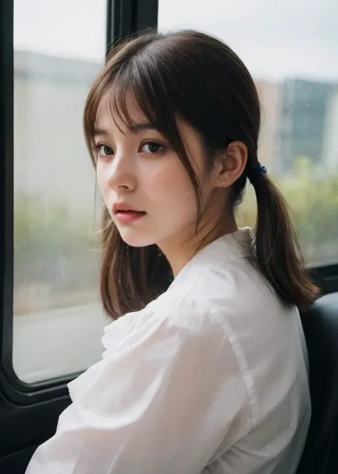 raw photo, (Polaroid photos, photos that look like they were taken with a Polaroid camera:1.1),
Water drops on window, heavy rain outside, Strong fluorescent light, sitting woman, 25 yo, (bangs hair:1.2), (light brown hair, short twintails hair:1.36),faint lips, cowboy shot, front view, wear a maid apron , in the train, rural landscape, window, on seat, her peaceful expression and gentle breathing create a calming atmosphere,, natural skin texture, hyperrealism, hdr, hyperdetailed, RAW photo, photorealistic, best quality, highres, realistic, 8k, caustics, dynamic light, beautiful and delicate lips, delicate fingers, detailed pupil, real human skin,