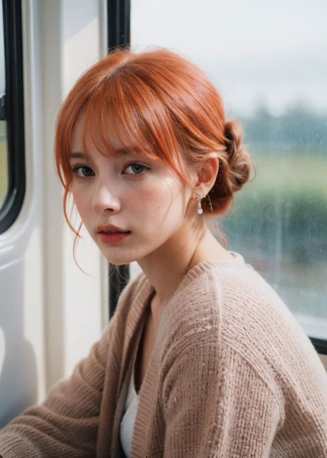 raw photo, (Polaroid photos, photos that look like they were taken with a Polaroid camera:1.1),
Water drops on window, heavy rain outside, Strong fluorescent light, sitting woman, 25 yo, (bangs hair:1.2), (pastel orange hair, half updo hair:1.36),faint lips, cowboy shot, front view, wear a cardigan , in the train, rural landscape, window, on seat, her peaceful expression and gentle breathing create a calming atmosphere,, natural skin texture, hyperrealism, hdr, hyperdetailed, RAW photo, photorealistic, best quality, highres, realistic, 8k, caustics, dynamic light, beautiful and delicate lips, delicate fingers, detailed pupil, real human skin,