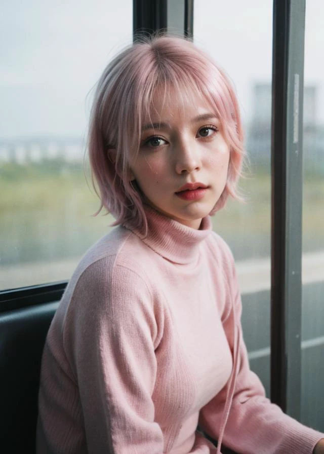 raw photo, (Polaroid photos, photos that look like they were taken with a Polaroid camera:1.1),
Water drops on window, heavy rain outside, Strong fluorescent light, sitting woman, 25 yo, (bangs hair:1.2), (pastel pink hair, Jinx hair:1.36),faint lips, cowboy shot, front view, wear a turtleneck , in the train, rural landscape, window, on seat, her peaceful expression and gentle breathing create a calming atmosphere,, natural skin texture, hyperrealism, hdr, hyperdetailed, RAW photo, photorealistic, best quality, highres, realistic, 8k, caustics, dynamic light, beautiful and delicate lips, delicate fingers, detailed pupil, real human skin,