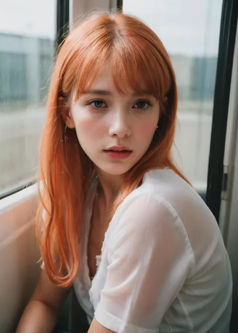 raw photo, (Polaroid photos, photos that look like they were taken with a Polaroid camera:1.1),
Water drops on window, heavy rain outside, Strong fluorescent light, sitting woman, 25 yo, (bangs hair:1.2), (pastel orange hair, absurdly long hair:1.36),faint lips, cowboy shot, front view, wear a school uniform , in the train, rural landscape, window, on seat, her peaceful expression and gentle breathing create a calming atmosphere,, natural skin texture, hyperrealism, hdr, hyperdetailed, RAW photo, photorealistic, best quality, highres, realistic, 8k, caustics, dynamic light, beautiful and delicate lips, delicate fingers, detailed pupil, real human skin,
