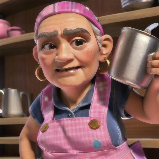 old woman,solo,1girl,earrings, ,masterpiece, <lora:getaiabuelita:0.7>getaiabuelita,pink apron,holding cup,face wrinkles,angry