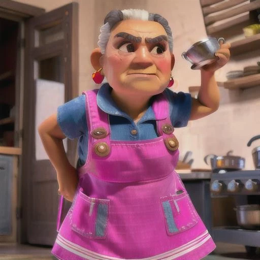 old woman,solo,1girl,earrings, ,masterpiece, <lora:getaiabuelita:0.7>getaiabuelita,pink apron,holding cup,face wrinkles,angry