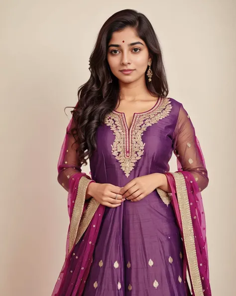 close-up, professional photo, fully dressed, beautiful, 25-year-old, wearing colorful Churidar Suit, flat matte background,