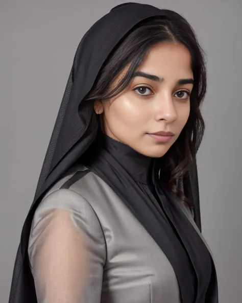 close-up, professional photo, fully dressed, pretty, 25-year-old, wearing elegant Abaya Style Suit,  flat matte background, grey eyes