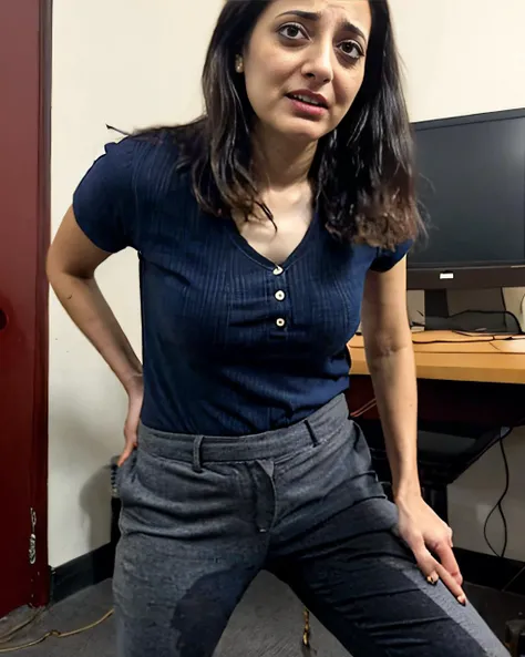 25-year-old woman, wearing slacks desilatte peeing self, pleading expression in Newsroom <lora:CombinedPeeingSelf-08:1> <lora:pleading_v1:0.8>