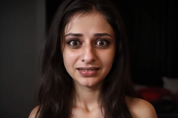 indoors, dark mumbai apartment, close up of a Romanian woman's face, nervous smile, bokeh, dark cool tones, sombre atmosphere BREAK
25yo desimocha:0.6 woman with large breasts with ((scared expression)) <lora:scared_v2:1> BREAK
big smile on valentines day