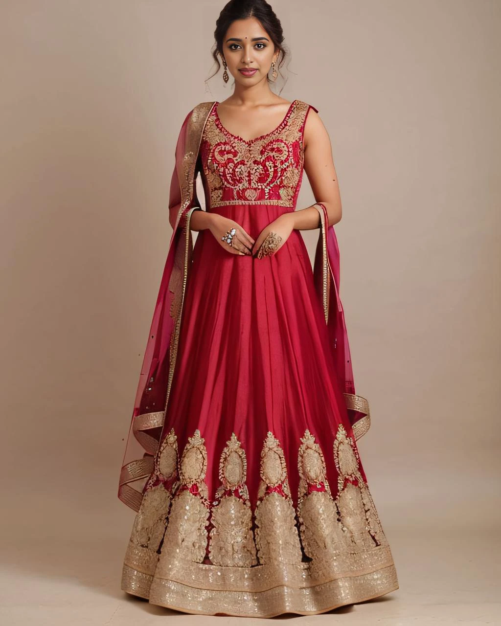 professional portrait photo, fully dressed, pretty, 25-year-old, wearing elegant Long Anarkali Gown, flat matte background, desilatte