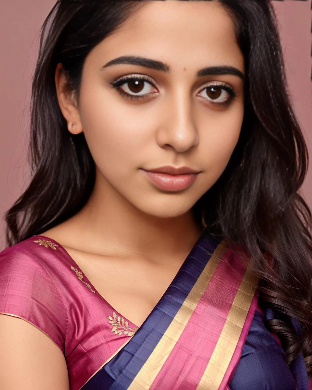 close-up, professional photo, fully dressed, beautiful, 25-year-old, wearing colorful Saree thin lips, flat matte background