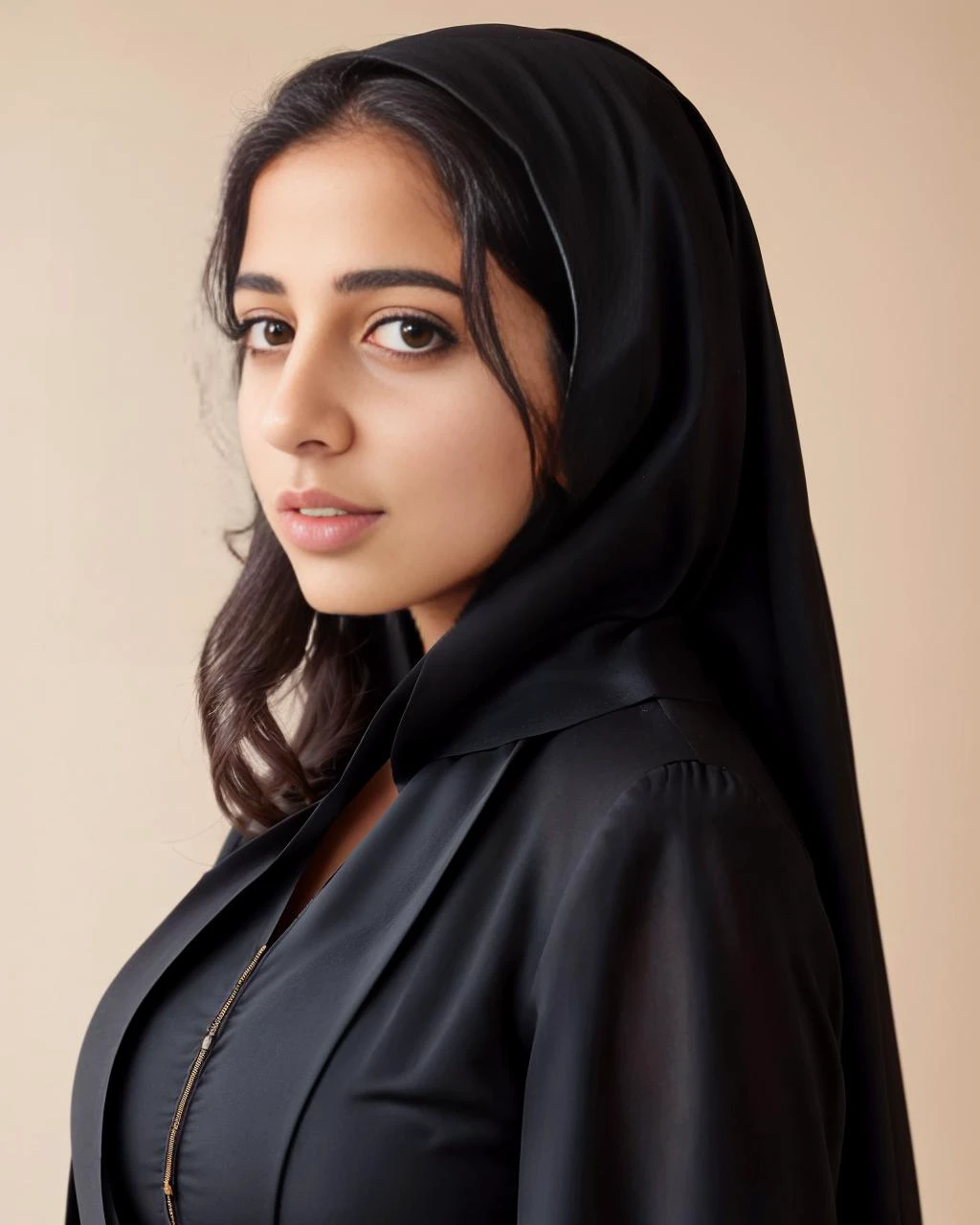 close-up, professional photo, fully dressed, plain, 25-year-old, wearing elegant Abaya Style Suit, flat matte background
