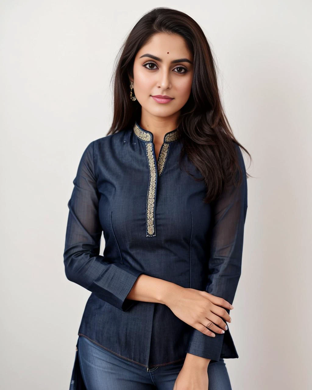 close-up, professional photo, fully dressed, pretty 30-year-old woman, wearing elegant kurta_with_Jeans, flat matte background,