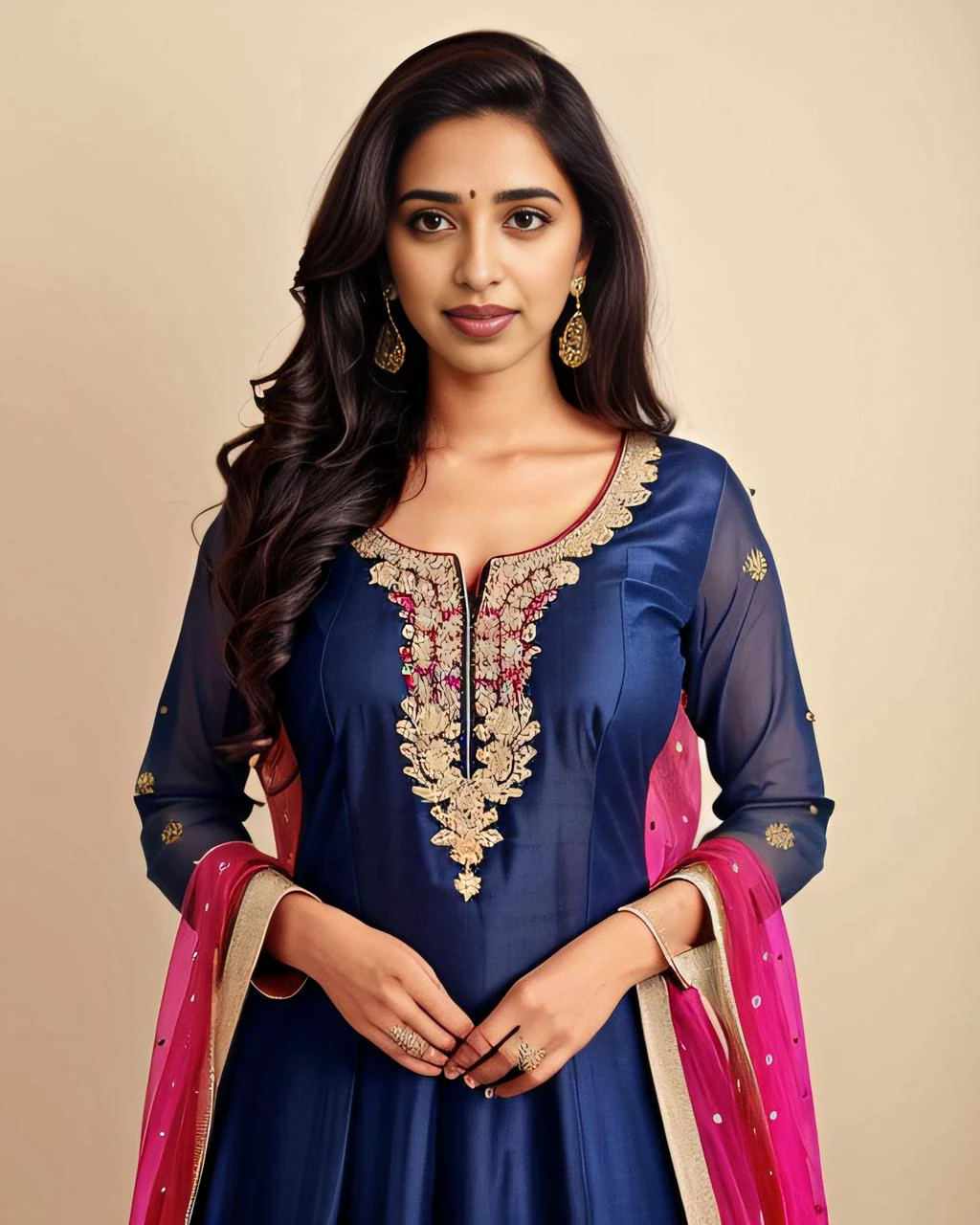 professional portrait photo, fully dressed, stunning looking, 25-year-old, wearing colorful Salwar Kameez, flat matte background, desi