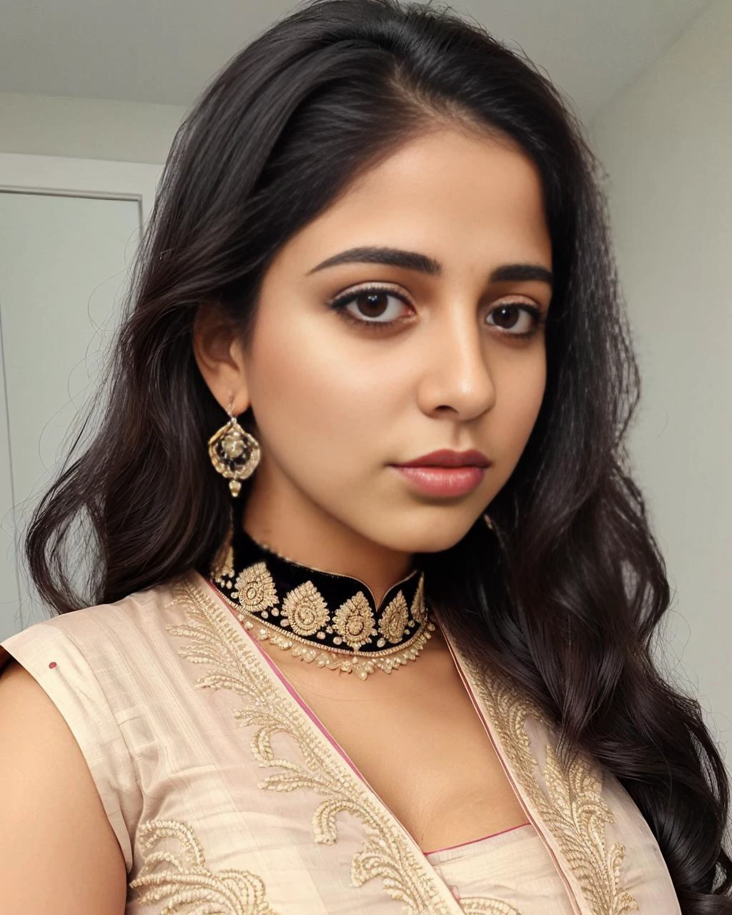 close-up, professional photo, fully dressed, pretty, 25-year-old, wearing intricate Salwar Kameez pouty lips, flat matte background