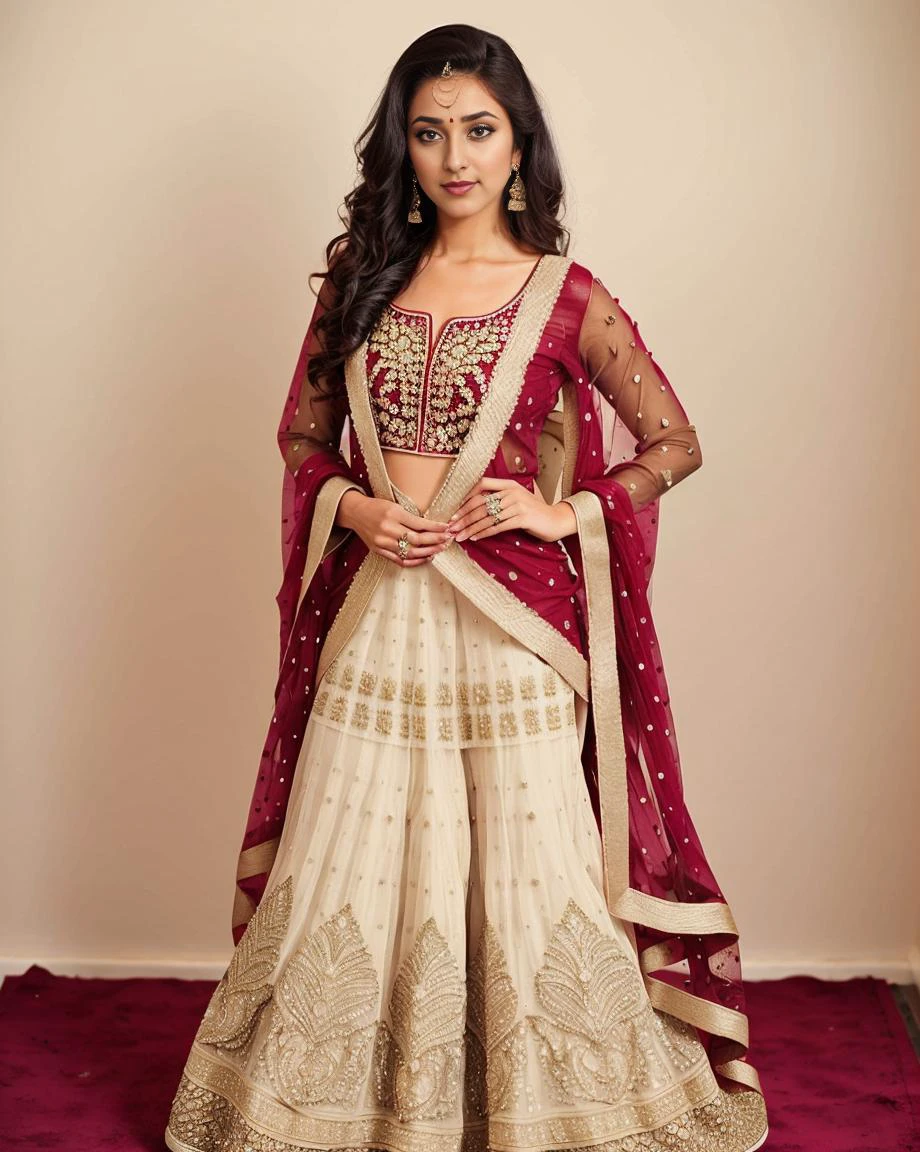 professional portrait photo, fully dressed, plain, 25-year-old, wearing elegant Gota Patti Suit (Rajasthani embellished dress), flat matte background, desimocha