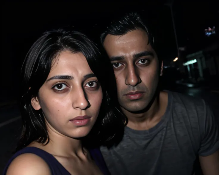 one man and one woman in a dimly lit analog photo, woman is an attractive desilatte, BREAK (arrested by an indian male police officer) in the middle of the street, BREAK perfect faces, at night time <lora:LowRA:0.5>