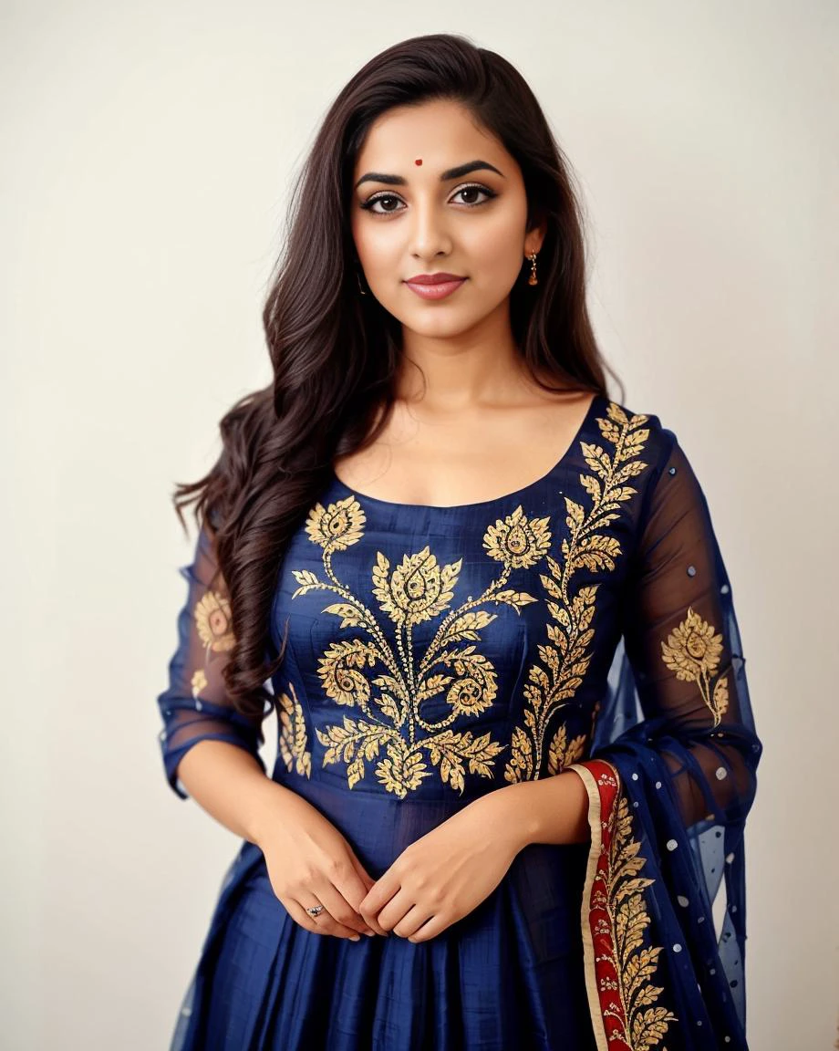professional portrait photo, fully dressed, pretty, 25-year-old, wearing intricate Kalamkari Dress (hand-painted fabric), flat matte background, desilatte