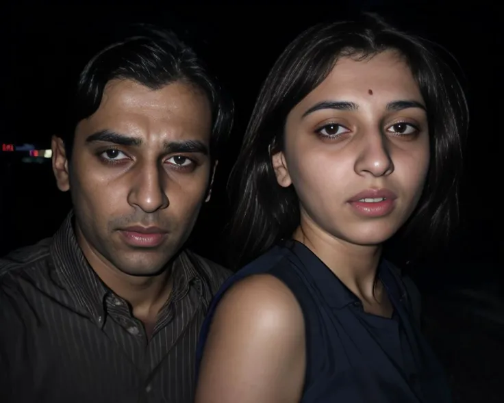 one man and one woman in a dimly lit analog photo, woman is an attractive desilatte, BREAK (arrested by an indian male police officer) in the middle of the street, BREAK perfect faces, at night time <lora:LowRA:0.5>