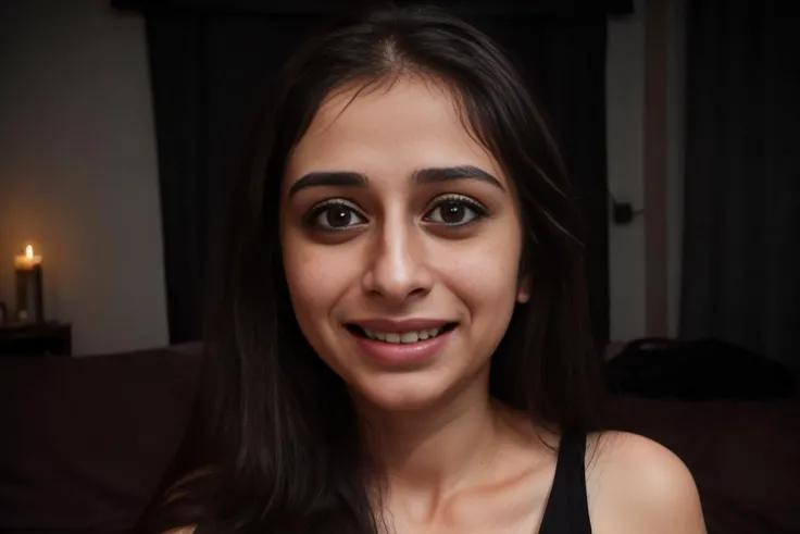 indoors, dark mumbai apartment, close up of a Upper Voltan woman's smiling face, bokeh, dark cool tones, sombre atmosphere BREAK
25yo desilatte:0.6 woman with large breasts with ((scared expression)) <lora:scared_v2:1> BREAK
nervous smile on valentines day