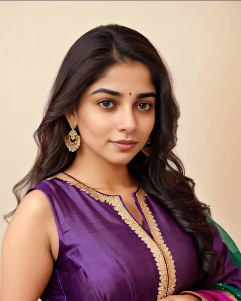 close-up, professional photo, fully dressed, beautiful, 25-year-old, wearing colorful Salwar Kameez, flat matte background,