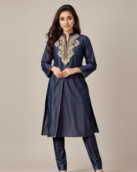 professional portrait photo, fully dressed, pretty, 25-year-old, wearing elegant kurta_with_Jeans, flat matte background, desilatte