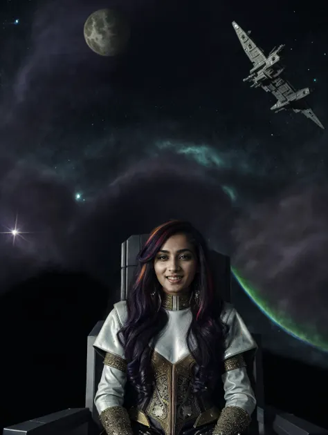 ultra detailed, photo of a very cute 20-year-old desimocha woman with multicolored hair, sitting on a futuristic throne, evil enchantress, evil smile on face, movie lighting, highly stylized, wearing futuristic pristine white and gold clothing, in a spacecraft with galaxies in background, cthulhu mythos atmosphere, <lora:LowRA:1.2>