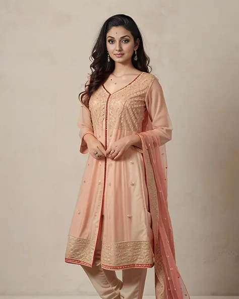 professional portrait photo, fully dressed, plain, 25-year-old, wearing intricate Apricot Churidar Suit, flat matte background, desi