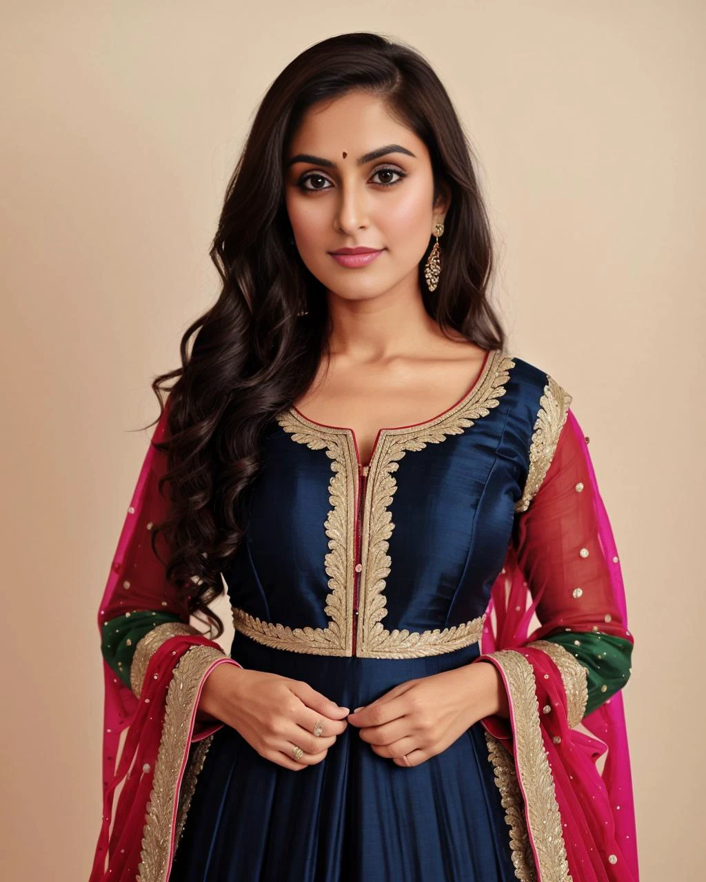 close-up, professional photo, fully dressed, plain 30-year-old woman, wearing colorful Sharara Suit, flat matte background,