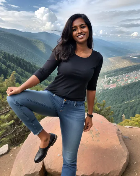 ultrarealistic photo of a 30-year-old desiespresso woman, dynamic pose, wearing Jeans_with_kurta, smiling, on a mountain top background bokeh