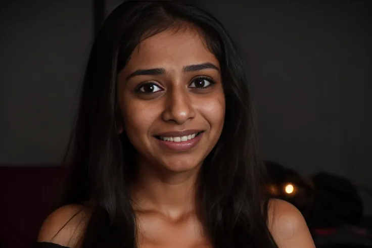 indoors, dark mumbai apartment, close up of a woman's smiling face, bokeh, dark cool tones, sombre atmosphere BREAK
25yo desiespresso woman with large breasts with ((scared expression)) <lora:scared_v2:1> BREAK
nervous smile on valentines day