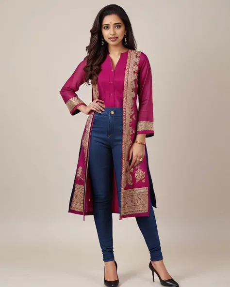 professional portrait photo, fully dressed, beautiful, 25-year-old woman, wearing colorful Jeans_with_kurta, flat matte background, desi