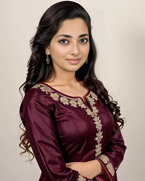 professional portrait photo, fully dressed, plain, 25-year-old, wearing elegant Maroon Punjabi Suit, simple white background, desimocha