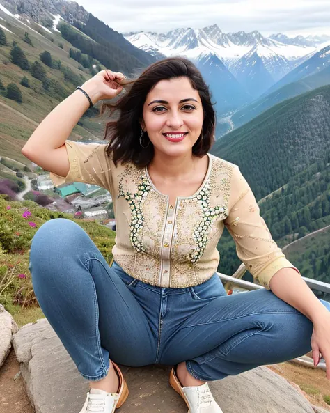 ultrarealistic photo of a 30-year-old desilatte woman, dynamic pose, wearing Jeans_with_kurta, smiling, on a mountain top background bokeh