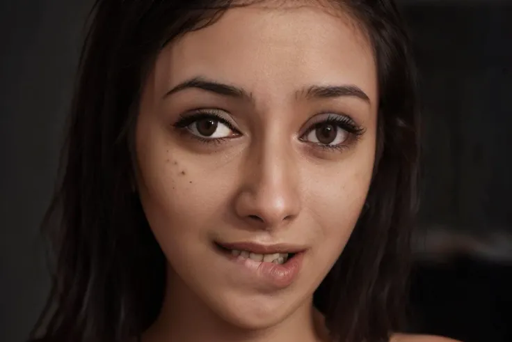indoors, dark mumbai apartment, close up of a Chadian woman's smiling face, bokeh, dark cool tones, sombre atmosphere BREAK
25yo desimocha:0.6 woman with large breasts with scared expression <lora:scared_v2:1> BREAK
<lora:lipbite_v1:1> lip bite expression