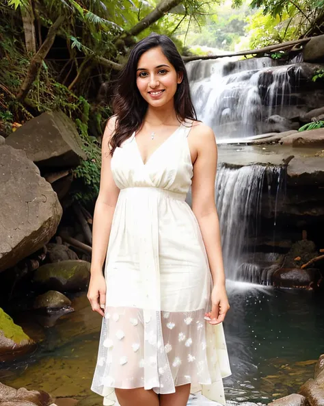 ultrarealistic soft focus photo of a 30-year-old thin woman, dynamic pose, waterfall, smiling,  wearing Bandhani Dress