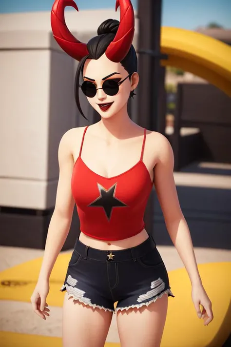 <lora:HazeE1:0.6>, 1girl, xyzsurfwitch, (xyzhaze:0.5), black hair, hair up, hair bun, horns, mascara, black lips, makeup, closed mouth, solo focus, sunglasses, short shorts, red tank top, star_/(pattern/),
smiling,looking at viewer,