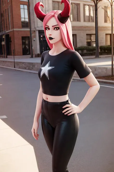 <lora:HazeE1:0.6>, 1girl, xyzhaze, pink hair, long hair, horns, mascara, black lips, makeup, closed mouth, solo focus, shirt, star_/(pattern/), midriff, tights, boots, naval