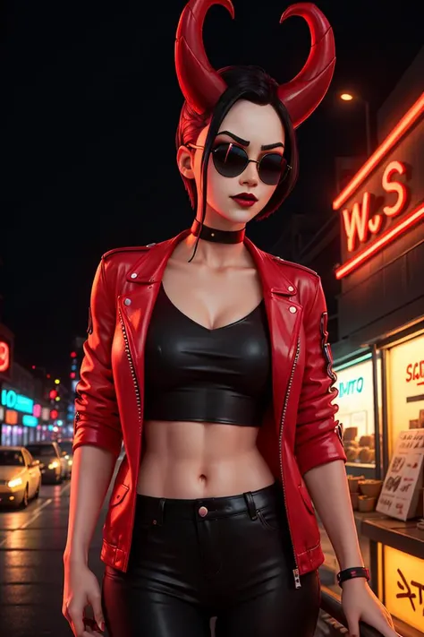 <lora:HazeE1:0.4>, 1girl, xyzsurfwitch, (xyzhaze:0.5), short hair, choker, red horns, mascara, black lips, makeup, closed mouth, sunglasses, portrait, long angle, looking away, waist up, deep colors, best quality, ramen shop, neon city, neon, biker jacket, white jacket