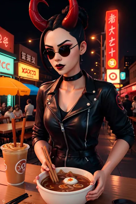 <lora:HazeE1:0.45>, 1girl, xyzsurfwitch, (xyzhaze:0.5), hairbun, short hair, choker, red horns, mascara, black lips, makeup, closed mouth, sunglasses, portrait, long angle, looking away, waist up, deep colors, best quality, ramen shop, neon city, neon, biker jacket, white jacket, ramen bowl, chopsticks, table, lots of chairs, dining
