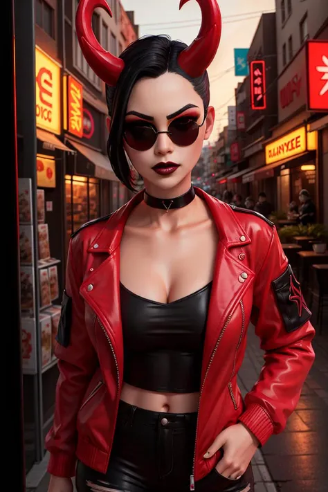 <lora:HazeE1:0.4>, 1girl, xyzsurfwitch, (xyzhaze:0.5), short hair, choker, red horns, mascara, black lips, makeup, closed mouth, sunglasses, portrait, long angle, looking away, waist up, deep colors, best quality, ramen shop, neon city, neon, biker jacket, white jacket