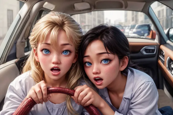 (detailed eyes:1.3), Beautiful Lighting, (1girl:blue  eyes, blonde hair, absurdly long hair, hair between eyes), (real skin), <lora:l - L| :1>, <lora:y:1>,  (Style-DA:1.3),
 <lora:kobeni_car_meme_test_C3_prodigy5:1>, power_crashes_kobeni's_car_(meme), 2girls, steering wheel, car, front view, serafuku, constricted pupils,  sweatdrop,  open mouth,  sweat, teeth, tears, black hair, (AS-YoungV2:1.3),