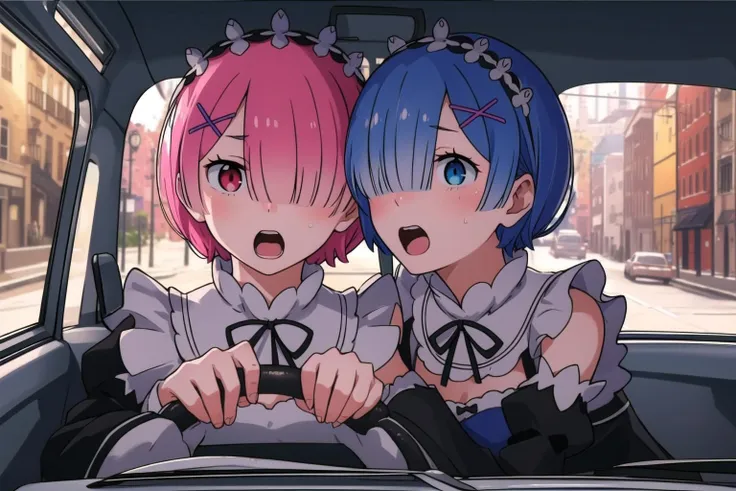 masterpiece, best quality,(colorful), (delicate eyes and face), volumetric light, ray tracing, extremely detailed CG unity 8k wallpaper, power_crashes_kobeni's_car_(meme), <lora:kobeni_car_meme_test_C3_prodigy5:1>, <lora:Oni_Sisters_v2-000026:0.9>, (2girls:1.2), (remrin:0.9), ramchi, (hair over one eye:1.1), blue eyes, maid, purple ribbon, maid headdress, roswaal mansion maid uniform, detached sleeves, steering wheel, car, front view, looking at viewer, (scared:1.1), city, street