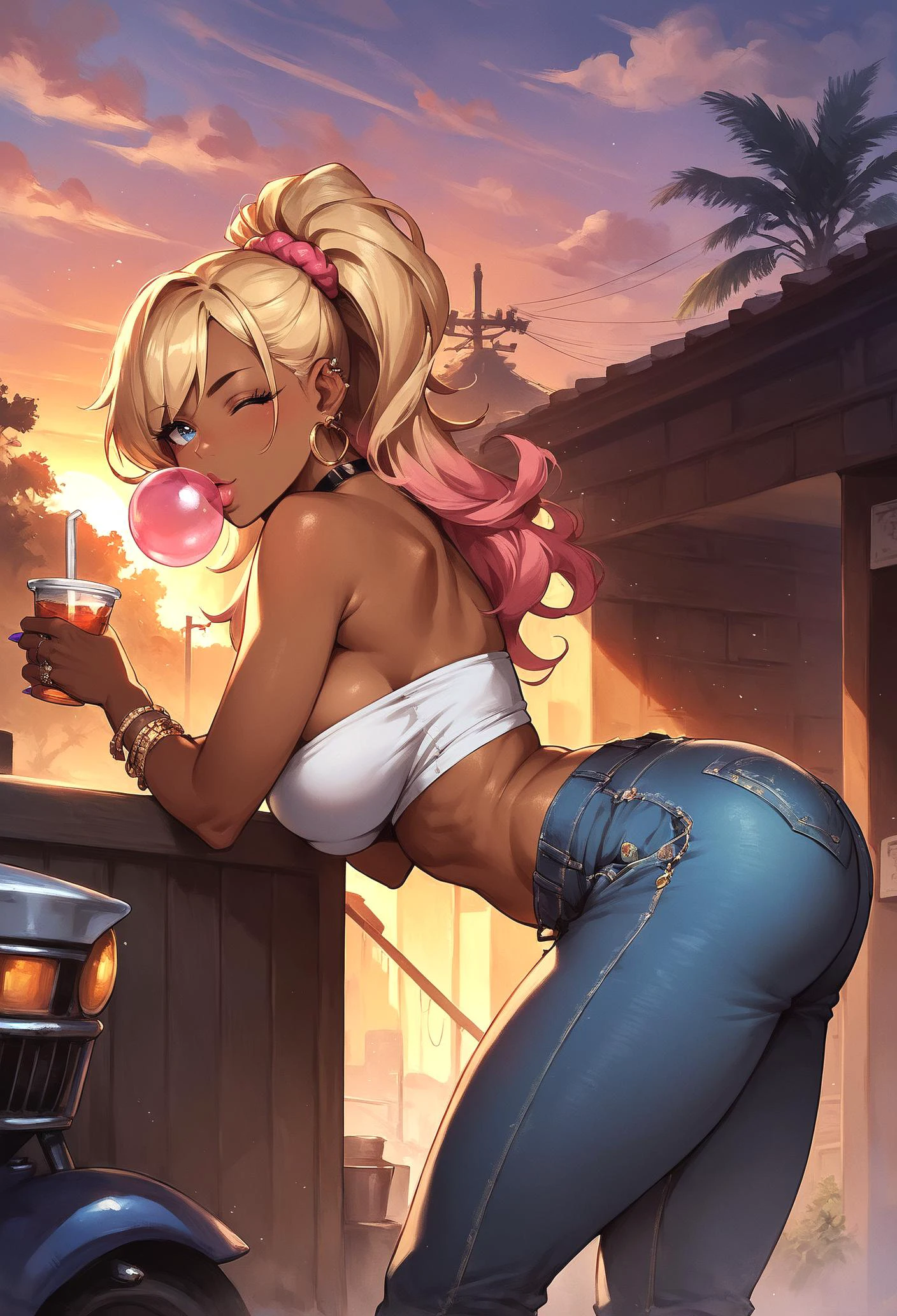 score_9, score_8_up, score_7_up, BREAK solo,outdoors,looking at viewer,big butt,from side,bent over,arm support,sunset,high-waist jeans,tube top,gyaru,wink,bubblegum <lora:Concept Art Twilight Style SDXL_LoRA_Pony Diffusion V6 XL:0.8> <lora:Expressive_H:0.8>, <lora:breasts++-PD-swooping-1.0:0.7>,