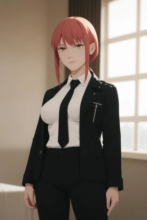 breast bags,<lora:breasts++-PD-breast_bags-1.0:1.4>,  <lora:mak1ma0XL_Pony_v1:1> 1girl, mak1ma0, red hair, long hair, ringed eyes,blackjacket,white collared shirt,black necktie,black pants, Score_9, Score_8_up, Score_7_up, Score_6_up, Score_5_up, Score_4_up, BREAK,1girl in full growth, best quality, masterpiece, ultra-detailed, high quality,good quality,1 girl,(master piece,high resolution, ultra detailed,8K,16K),look at viewer