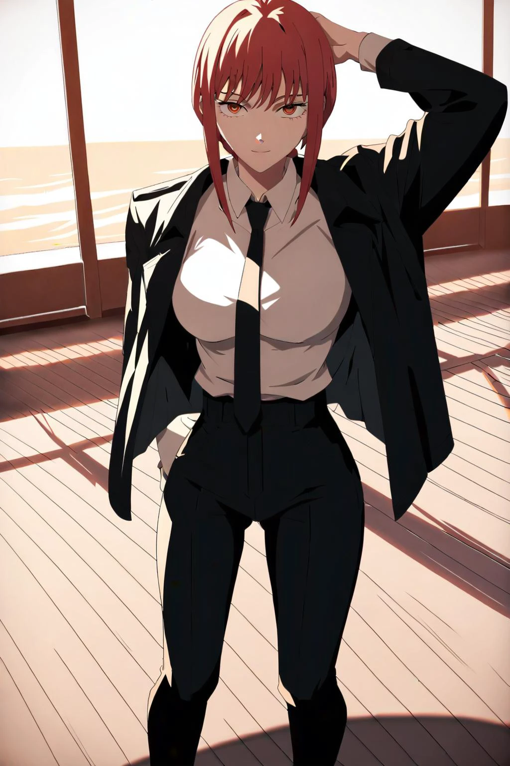 breast bags,<lora:breasts++-PD-breast_bags-1.0:1.5>, <lora:mak1ma0XL_Pony_v1:1> 1girl, mak1ma0, red hair, long hair, ringed eyes,blackjacket,white collared shirt,black necktie,black pants,makima \(chainsaw man\),, Score_9, Score_8_up, Score_7_up, Score_6_up, Score_5_up, Score_4_up, BREAK,1girl in full growth, best quality, masterpiece, ultra-detailed, high quality,good quality,1 girl,(master piece,high resolution, ultra detailed,8K,16K),look at viewer