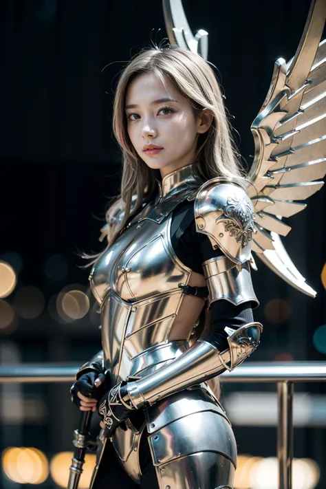 ((The exquisite engravings on Archangel Gabriel's armor depicted scenes from the Bible.))
high quality, 8K Ultra HD, award winner photo with a Victoria Frances-like atmosphere, Detailed award winner photo,
break. 1girl,Archangel Gabriel's armor engraved with intricate designs, weapon, detailed angels wings, solo, shoulder armor, blue eyes, pauldrons, white hair, looking at viewer, power armor, standing, photo with a mysterious focus, awesome full color,  
BREAK cityscape, (night:1.2), (bokeh:1.4),