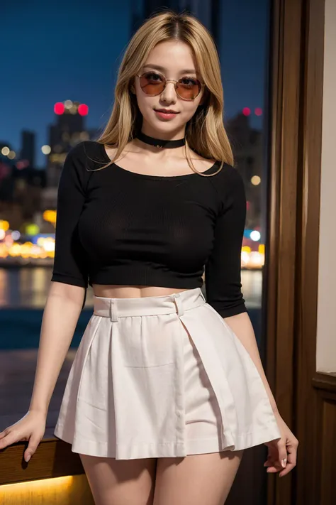 Masterpiece, best quality
smiling,excited,
blonde woman in a linen pink under boobs outfit and short skirt,
blonde Nadia with sunglasses and a choker ,
BREAK cityscape, night, bokeh, <lora:add_detail:0.1>