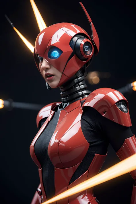 (medium full shot) of (sleek robot), red insectoid form, integrated HUD, power boosters, set in a futuristic warzone, with energy shields, battle drones, advanced military technology, Masterpiece,best quality, photo, realistic, very aesthetic, detailed face,