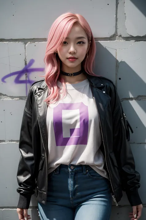 score_9, score_8_up, score_7_up, detailed, 1girl, solo, intricate details, chromatic aberration, realistic, long hair, pink hair, red head ornament, pink highlights, hair over one eye, purple eyes, earrings, sharp eyes, choker, neon shirt, torn legwear, open jacket, turtleneck sweater, night,against wall, brick wall, graffiti, dim lighting, alley, looking at viewer