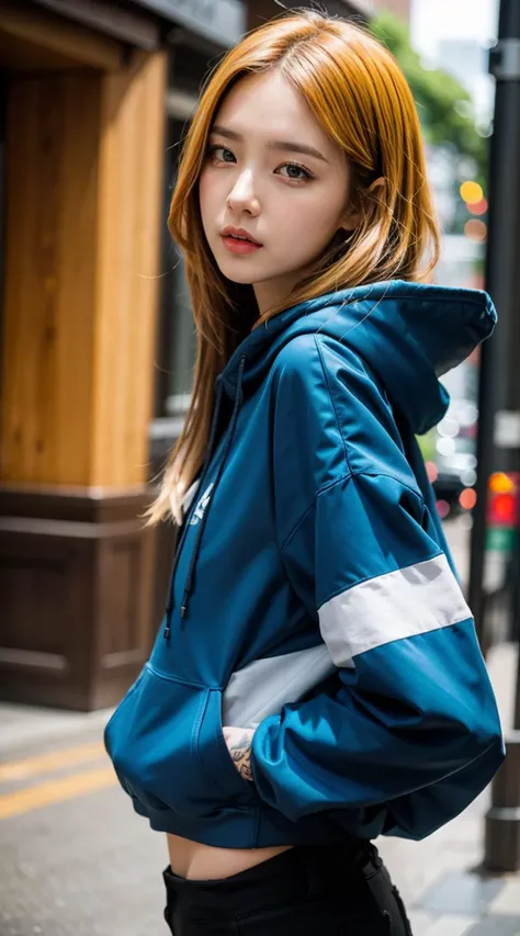 Medium format photography, Anime girl digital artwork, A woman in her 20s, looking at the camera, she has freckles, blue eyes, she has Lush blonde hair, tattoos on neck, wearing a black hoodie, highly detailed, best quality, 8k uhd, Nikon 70d, ISO200, F/2.8, 1/25sec, 70mm