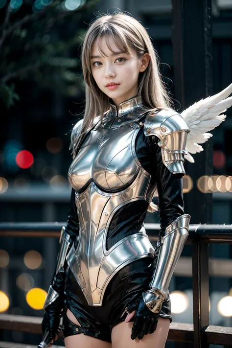 high quality, 8K Ultra HD, award winner photo with a Victoria Frances-like atmosphere, Detailed illustration, 
break. 1girl, angel armor, weapon, detailed angels wings, solo, shoulder armor, blue eyes, pauldrons, white hair, looking at viewer, power armor, standing, photo with a mysterious focus, awesome full color,  
BREAK cityscape, (night:1.2), (bokeh:1.4),
 <lora:add_detail:1>